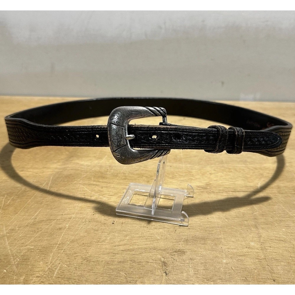 Lucchese Leather Belt 38" Black Genuine Leather Tapered Silver 041-064 Basketwea